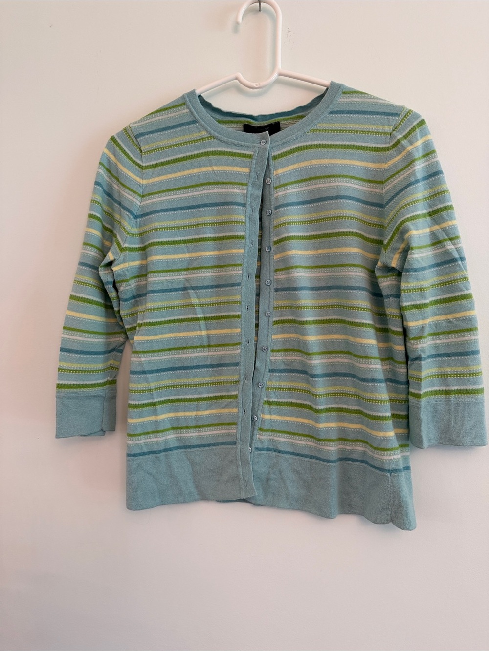 Express Striped Cotton-Cashmere Cardigan in Light Aqua, Lime and Soft Blue